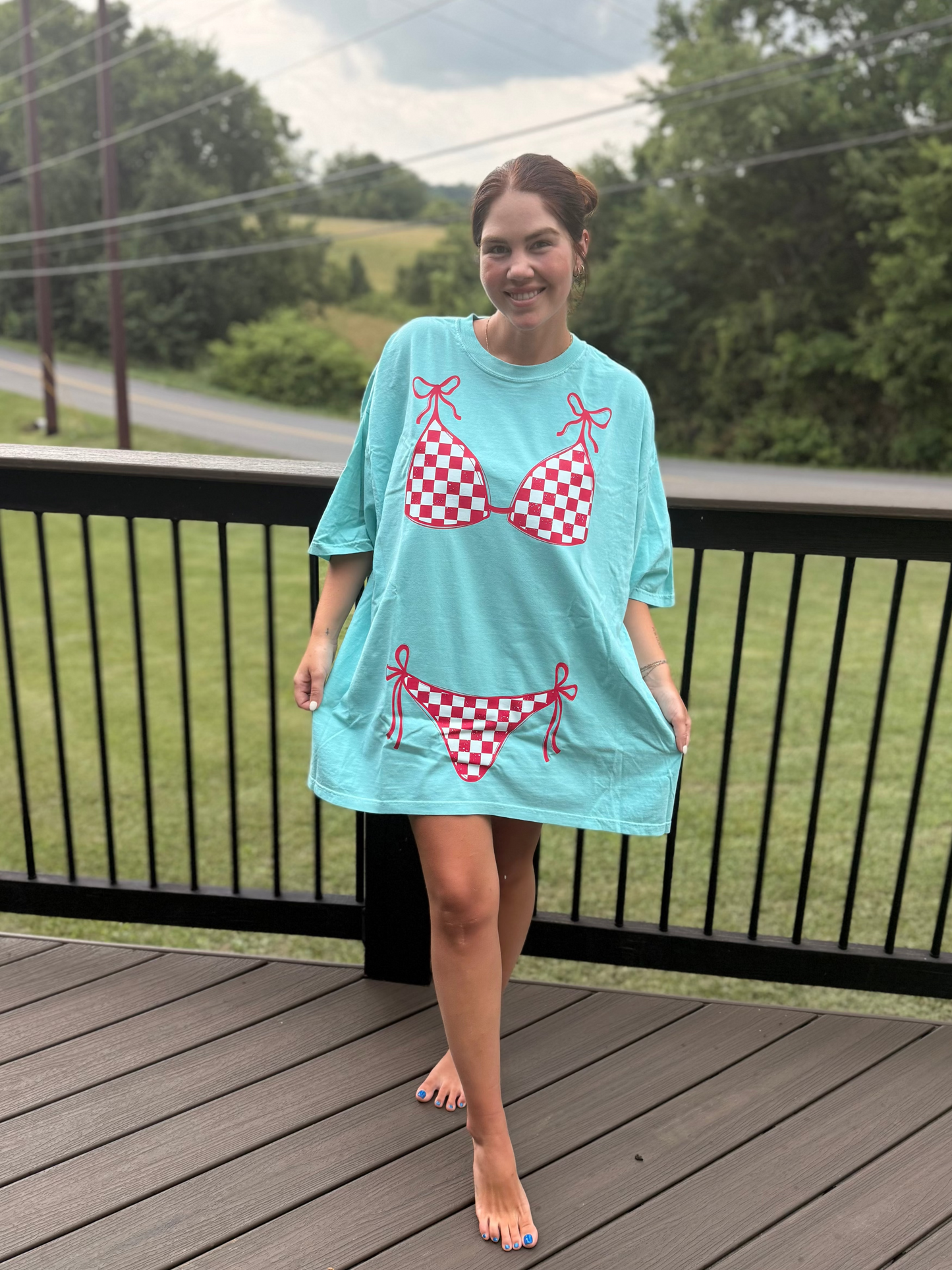 Pink Checkered Bikini Bathing Suit Coverup Tee