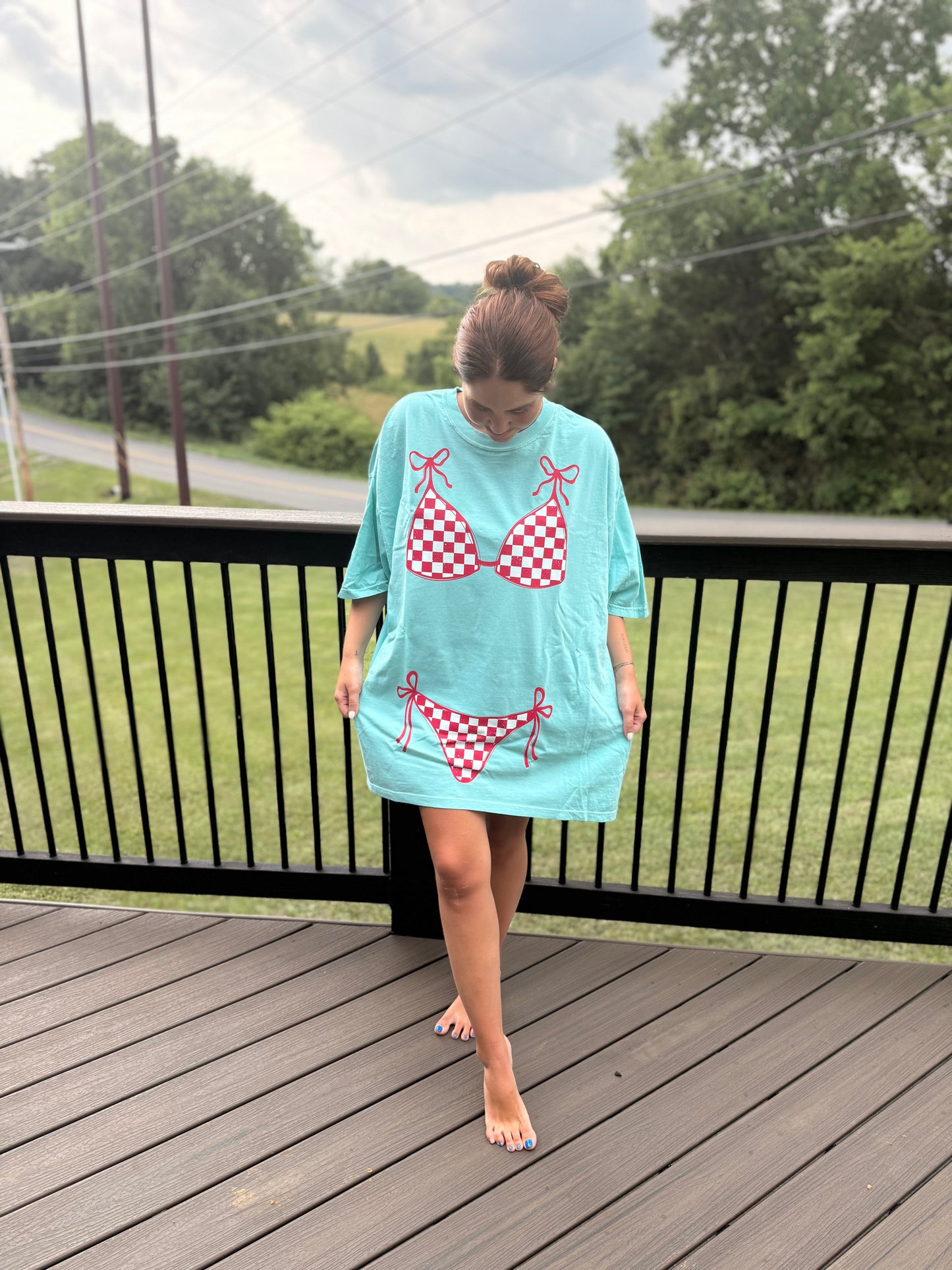 Pink Checkered Bikini Bathing Suit Coverup Tee